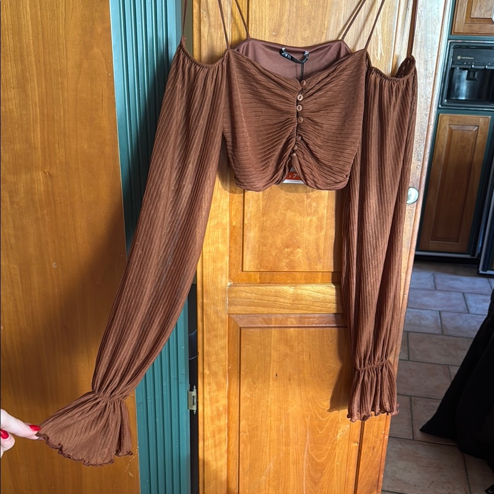 Brown Off-Shoulder Long Sleeve Top